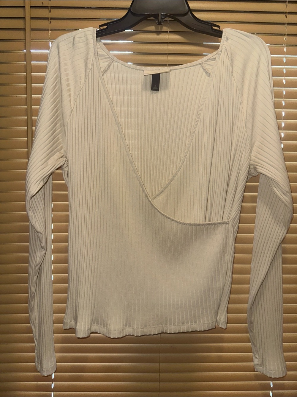 Universal Thread Cream Ribbed Long-Sleeve Surplice Top